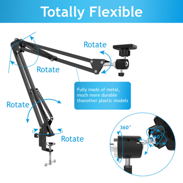 Voinap Overhead Magnetic Phone Mount, One-Hand Operation Gooseneck Swing Phone Arm Compatible with Camera Ring Light, Desk Tripod for Filming YouTube Video Recording - 图片 8