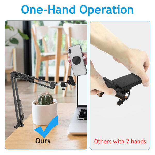 Voinap Overhead Magnetic Phone Mount, One-Hand Operation Gooseneck Swing Phone Arm Compatible with Camera Ring Light, Desk Tripod for Filming YouTube Video Recording - 图片 6