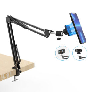 Voinap Overhead Magnetic Phone Mount, One-Hand Operation Gooseneck Swing Phone Arm Compatible with Camera Ring Light, Desk Tripod for Filming YouTube Video Recording