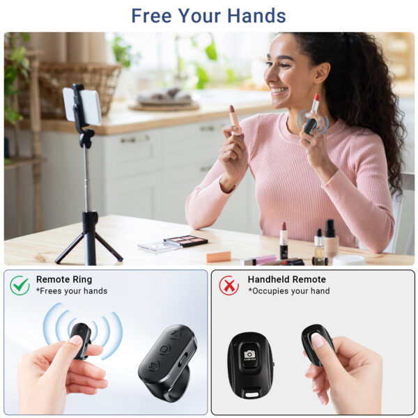 Phone Camera Ring Remote Control with Zoom in/Out, Rechargeable Shutter with Front/Rear Camera Switch for iPhone Android iPad, Hands Free Remote Ring for Photo & Video Recording Content Creator - 图片 5