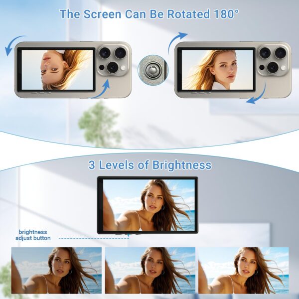 Phone Vlog Selfie Monitor Screen with Remote, Magnetic Back Camera Monitor for iPhone Android, Wireless External Selfie Mirror Screen for Vlog Live Stream TikTok - 图片 3