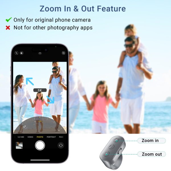 Phone Camera Ring Remote Control with Zoom in/Out, Rechargeable Shutter with Front/Rear Camera Switch for iPhone Android iPad, Hands Free Remote Ring for Photo & Video Recording Content Creator - 图片 3