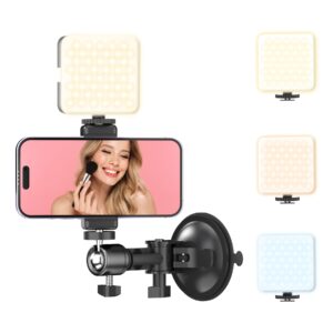 Suction Cup Mirror Phone Holder with Rechargeable Light, Versatile Wall Phone Mount for Content Creator, Mirror Tripod for Car Bathroom All Smooth Surface