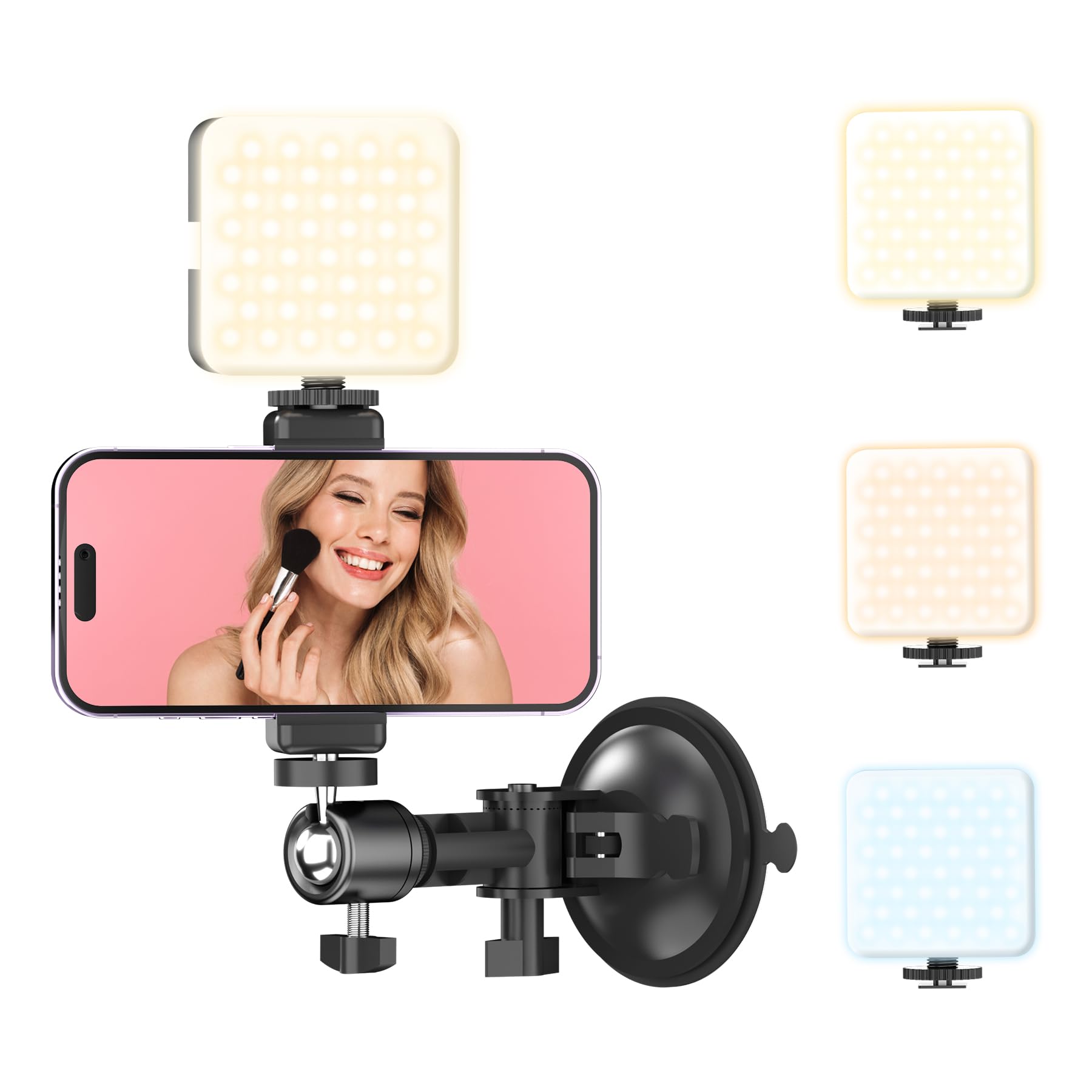 Suction Cup Mirror Phone Holder with Rechargeable Light, Versatile Wall Phone Mount for Content Creator, Mirror Tripod for Car Bathroom All Smooth Surface