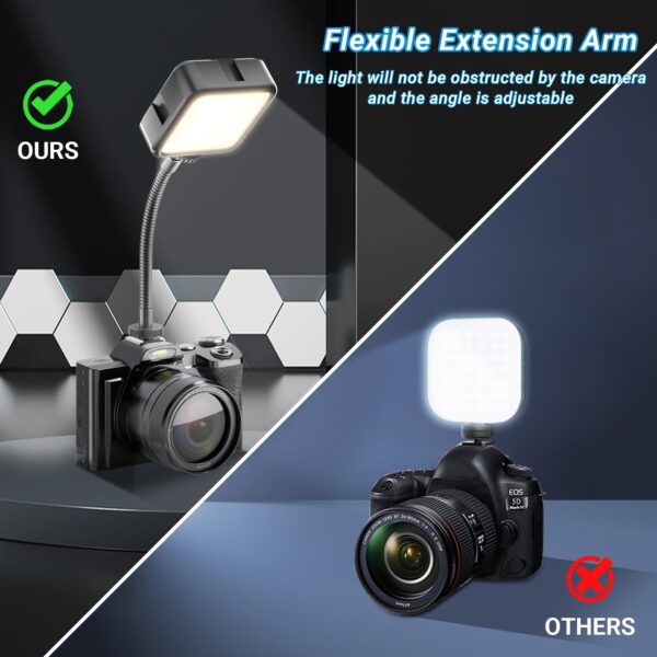 On-Camera Video Light with Extension Arm, Portable LED Mini Light Bright for Photography, Rechargeable Vlogging Light for DSLR Camera, GoPro, Phone, Compatible with Sony Canon Nikon Panasonic - 图片 3