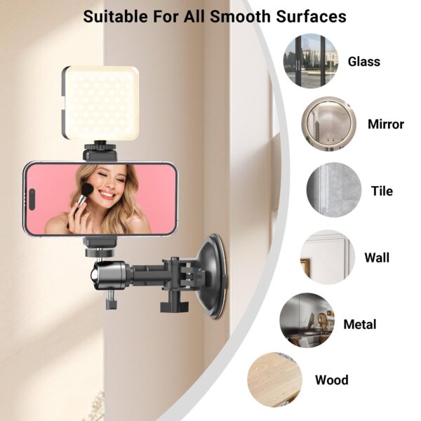 Suction Cup Mirror Phone Holder with Rechargeable Light, Versatile Wall Phone Mount for Content Creator, Mirror Tripod for Car Bathroom All Smooth Surface - 图片 4