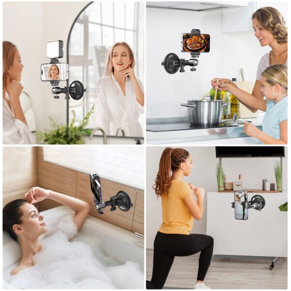 Suction Cup Mirror Phone Holder with Rechargeable Light, Versatile Wall Phone Mount for Content Creator, Mirror Tripod for Car Bathroom All Smooth Surface - 图片 8
